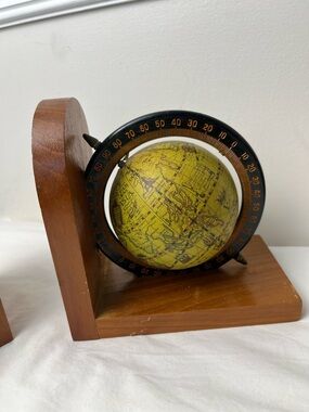 Vintage Yellow Desktop Globe Bookend Pair - Wooden Base